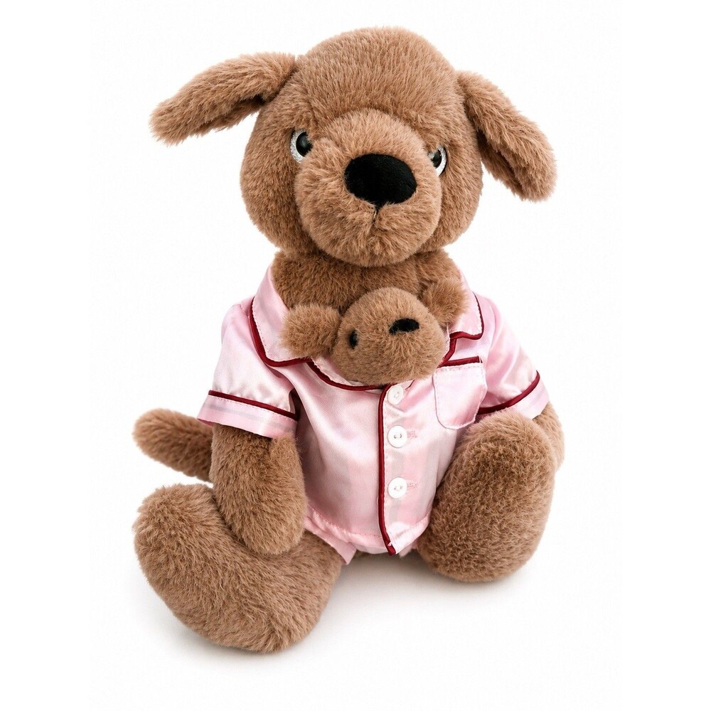 Plush Kangaroo Stuffed Animal Pink Satin Pajamas Holding Baby Joey Plush Toy